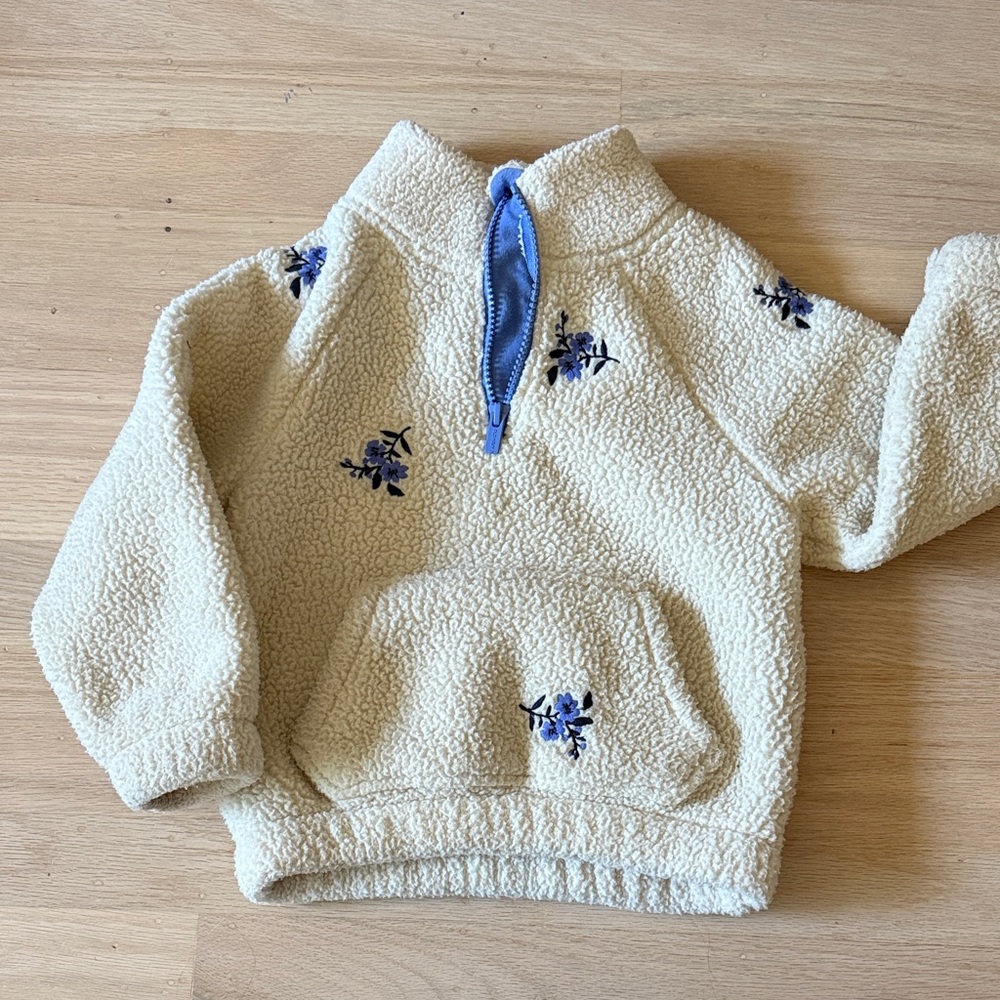 Cream Fleece Pullover with Blue Floral Embroidery
